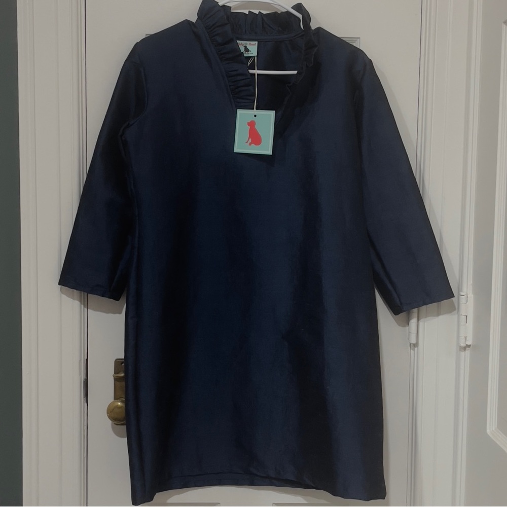 Haley And The Hound Navy Ruffle Neck Shantung Shift Dress Small